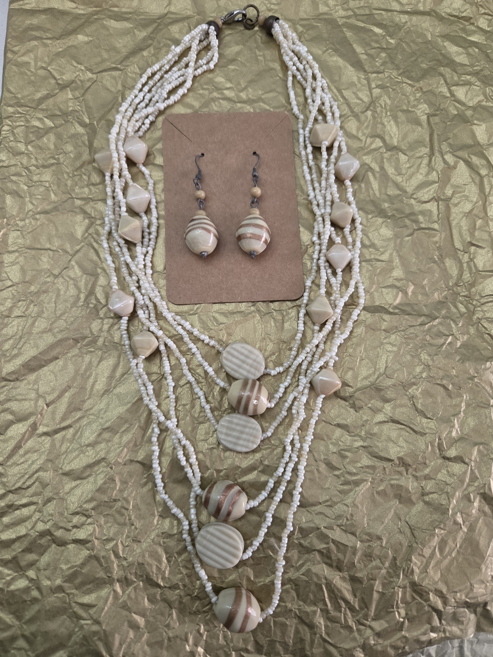 Boho Beaded Multi-Strand Cream and Beige Necklace with Matching Earrings